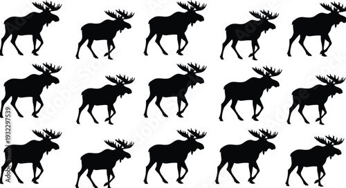 Seamless moose silhouette pattern set with walking elk shapes, black wildlife icons for nature, forest, textile, wallpaper design