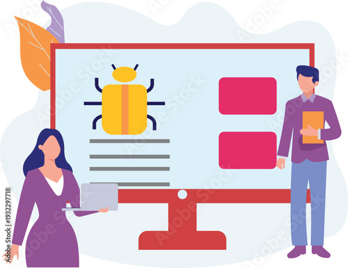 Boy and girl are discuss virus in laptop.