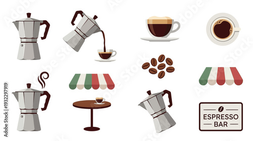 A collection of illustrations depicting various elements associated with coffee and an espresso bar, including moka pots, cups, beans, and awnings.