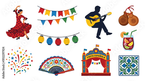 A vibrant collection of Spanish cultural icons, including flamenco dancers, musicians, festive decorations, and traditional symbols, celebrating Hispanic heritage and fiesta.