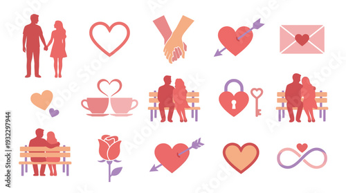 Collection of romantic icons and symbols representing love, relationships, and Valentine's Day celebrations.