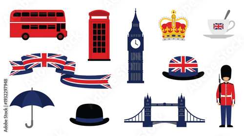 A vibrant collection of iconic British symbols and landmarks, including a double-decker bus, red telephone box, Big Ben, and a royal crown.