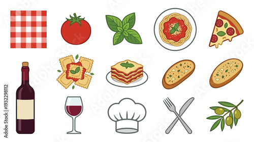 A vibrant collection of Italian food and drink icons, including pizza, pasta, wine, and fresh ingredients, set against a white background.