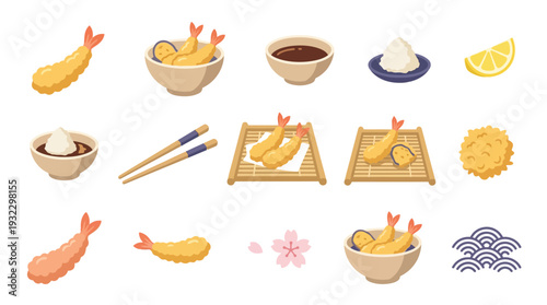 A collection of delicious Japanese tempura dishes, including shrimp, vegetables, dipping sauces, and decorative elements.