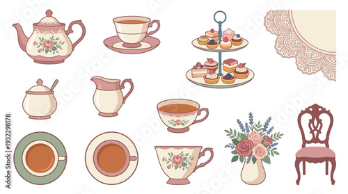 A charming collection of vintage tea party elements, including a teapot, cups, saucers, a tiered cake stand with pastries, a sugar bowl, creamer, a vase of flowers, and a decorative chair.