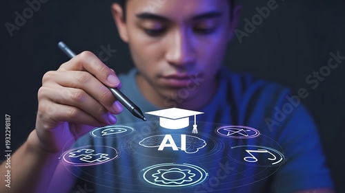 Young person holding stylus and interacting with AI and education in a digital learning environment