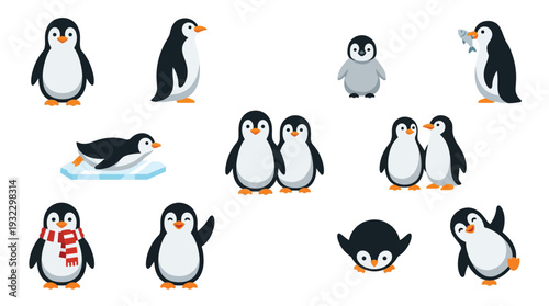 A charming collection of cartoon penguins in various playful poses and activities, set against a white background.