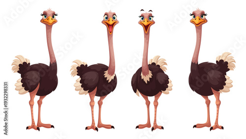 Cute cartoon ostriches character set with happy and cheerful expressions, funny birds isolated on white background