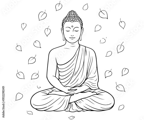 Buddha in meditation surrounded by falling leaves line art