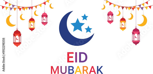Colorful string lights and hanging lanterns frame a central blue crescent moon with stars above bright Eid Mubarak typography.