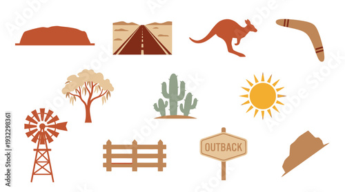 Collection of Australian outback icons including Uluru, a kangaroo, a boomerang, a windmill, and a desert landscape.
