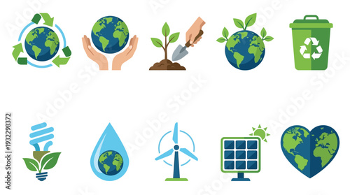 Collection of environmental icons representing sustainability, recycling, renewable energy, and conservation efforts.