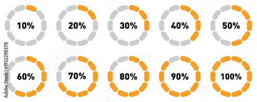 Orange dotted circle progress bar icons showing percentage values for interface loading speed and task completion tracking