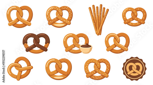 A collection of various pretzel illustrations, including classic baked pretzels, chocolate-dipped pretzels, and pretzel sticks with dip.