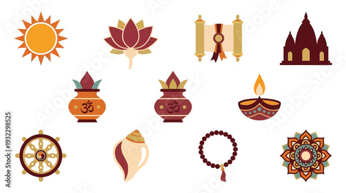 A collection of colorful Hindu religious symbols and icons, including a sun, lotus flower, scroll, temple, kalash, diya lamp, dharmachakra, conch shell, mala beads, and mandala.