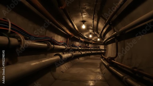 Journey through a dimly lit, curved underground tunnel. Numerous pipes and wires line the concrete walls.