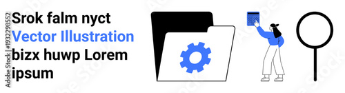 Data management, file organization, information search, digital tools, system functionality, tech solutions. Folder with gear, person holding card magnifying glass. Data management and file