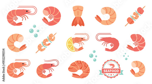 Collection of stylized illustrations of various shrimp preparations and forms, including grilled skewers, peeled, and whole shrimp with lemon, set against a white background.