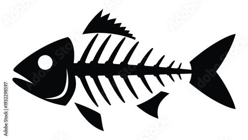 A black and white image of a fish skeleton isolated on white background, Vector
