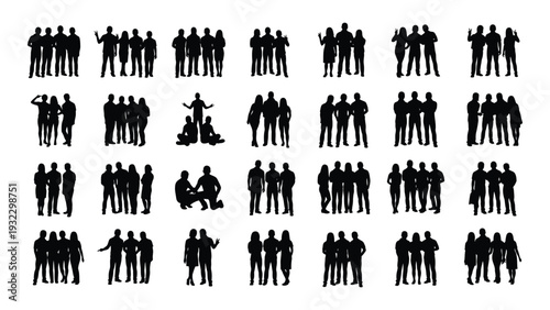 A collection of black silhouettes of people in various poses isolated on white background, Vector