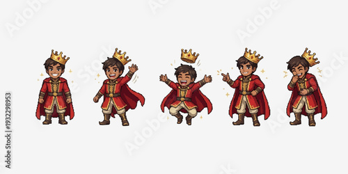 pixel art set of a cheerful young king in red royal robes with golden crown.