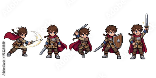 pixel art character spritesheet featuring a brave male warrior in brown armor and red cape.