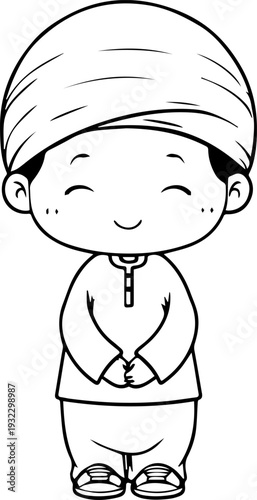 Smiling boy wearing traditional Muslim clothing and kufi cap