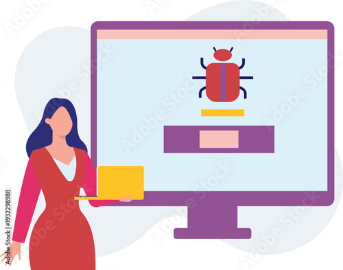 Girl is displaying virus bug on monitor.