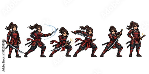 pixel art character design of a female samurai in red plated armor wielding a katana.