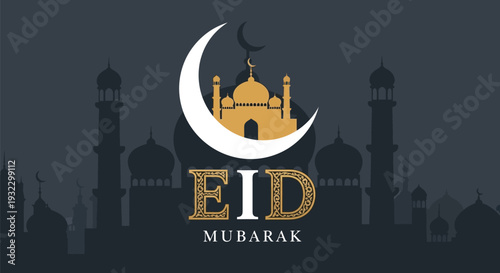 Golden mosque structure is prominently featured behind a large white crescent moon displaying the glittering text Eid Mubarak.
