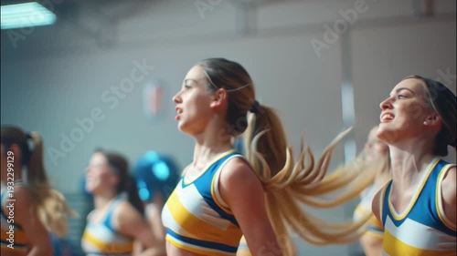 Cheerleaders training in gym while performing dance routine with enthusiasm  