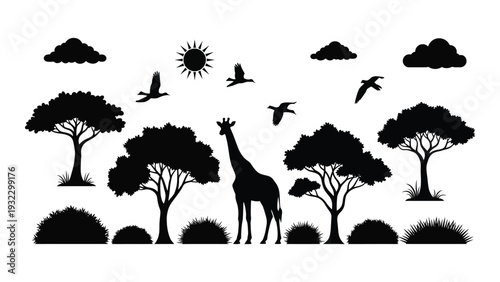 A giraffe and trees in the savannah with birds flying overhead isolated on white background, Vector