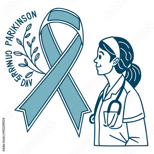 World parkinson day illustration with medical doctor profile and awareness ribbon plus green botanical branch for hope and health support design