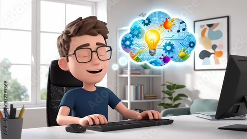 3D cartoon boy with glasses typing on computer in bright home office, imagining an idea with a lightbulb symbol
