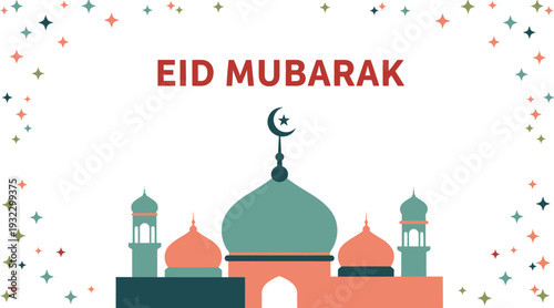 Colorful, stylized mosque illustration featuring terracotta and teal domes stands below bold red text wishing Eid Mubarak.