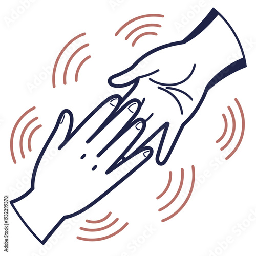 Abstract illustration of two hands reaching out to each other with red and brown wavy lines around them indicating motion or energy