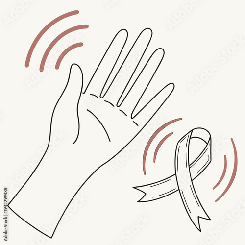 Hand tremor illustration showing shaking movement with awareness ribbon for parkinson disease symptoms and medical diagnosis concept design vector