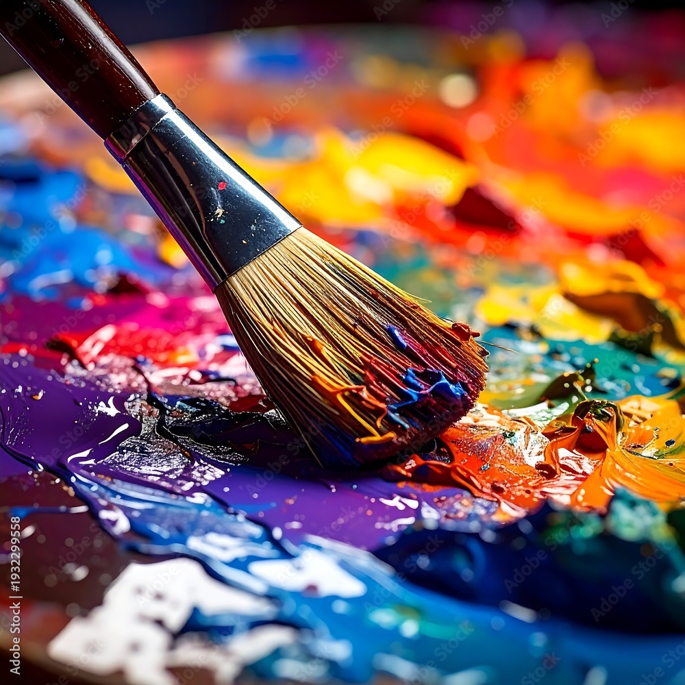 Fototapeta premium A paintbrush lies in a vibrant palette of colors