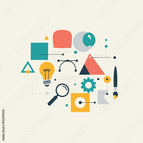 Flat vector graphic featuring assorted design and software elements