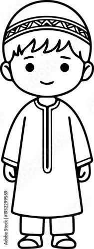 Smiling boy wearing traditional Muslim clothing and kufi cap