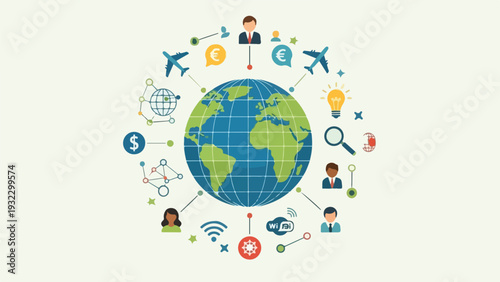 Flat vector graphic depicts global connections, travel, and communication