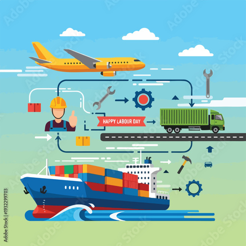 Flat vector illustration for International Labour Day with transports