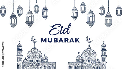 Detailed sketch of twin mosques hangs beneath many hanging ornamental lanterns for a holiday greeting.
