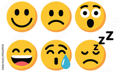 Collection of six emoticon faces showing various expressions emotions and feelings in a visually appealing arrangement for digital communication and social media use.