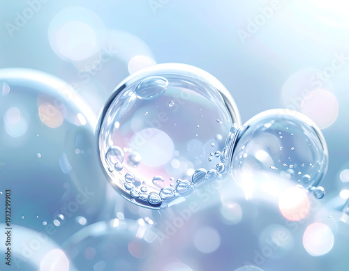 Captivating macro view of vibrant blue water bubbles, some containing delicate droplets, against a shimmering bokeh backdrop, evoking concepts of purity, science, and refreshing hydration