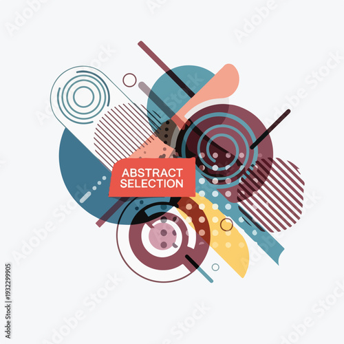 Geometric abstract composition with various shapes and text
