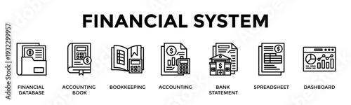 Financial System Banner Web Icon Set Vector Illustration Concept For Financial Database, Accounting Book, Bookkeeping, Accounting, Bank Statement, Spreadsheet, Dashboard