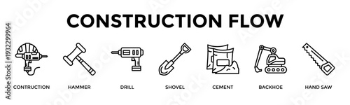 Construction Flow Banner Web Icon Set Vector Illustration Concept For Contruction, Hammer, Drill, Shovel, Cement, Backhoe, Hand Saw