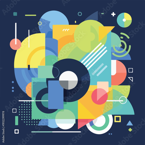 Geometric composition with shapes of various colors and forms on a navy background