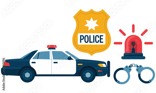 Police car, badge, handcuffs, and alarm icon symbolizing law enforcement and security services, representing police presence and authority in a modern setting, conveying safety and protection.